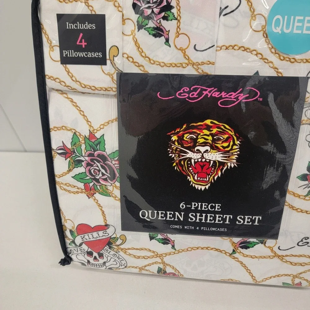 NEW Ed Hardy Queen Sheet Bed Set 6-Piece Tiger Skull Rose Tattoo‎ Heart Print